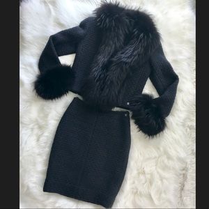 Chanel Navy Tweed Fur Trimmed Skirt Suit Size 4